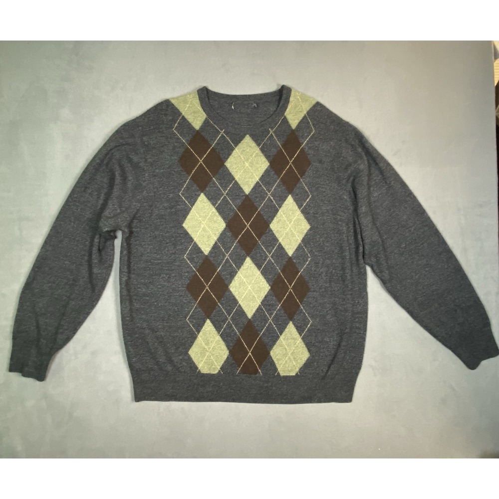 Men's Argyle Long Sleeve Pullover Sweater Gray Brown Light Green Size Large?